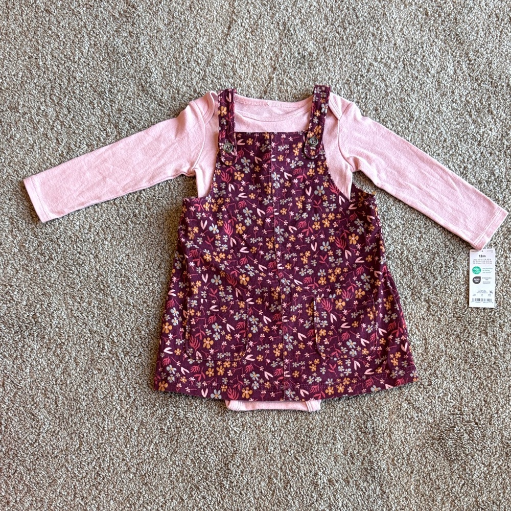 NWT 12M Toddler Girl 2-Piece Floral Corduroy Jumper, Pink and Purple Baby Dress